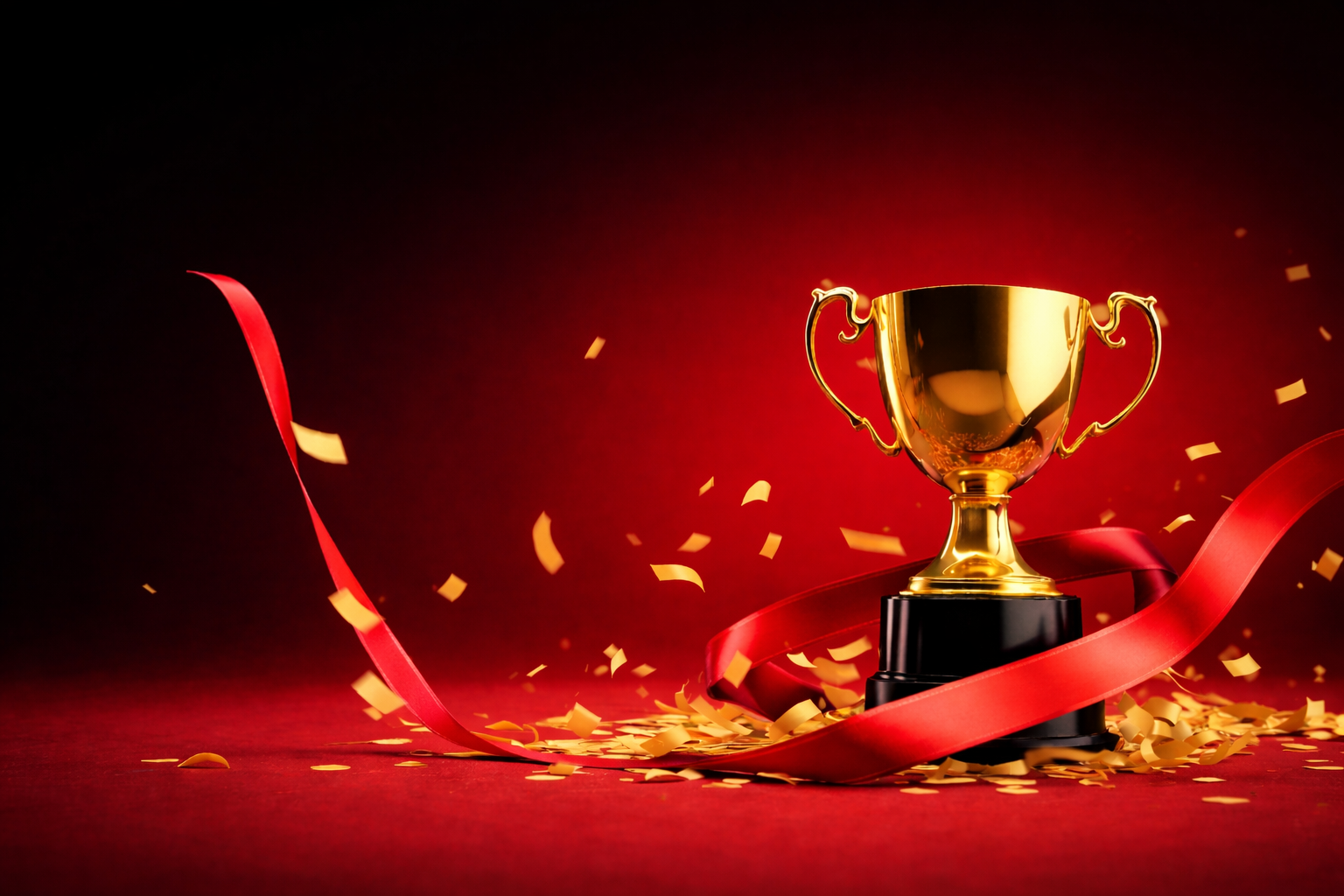 Gold trophy with a red ribbon on a red background